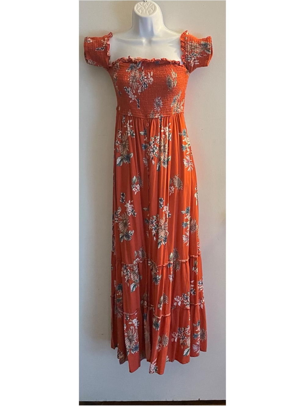 Xhilaration Orange Floral Smocked Maxi with Puff Sleeves